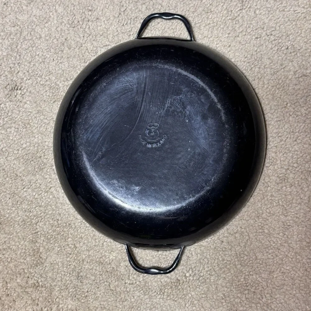Vintage Huta Silesia Red/Black Saute Pan Paella Enamelware 10